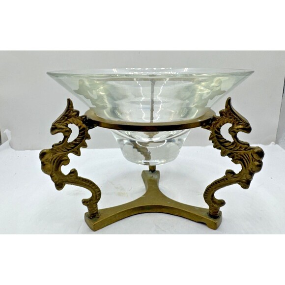 Other - Ornate Vintage Three Dragon Chinoiserie Brass Stand With Glass Bowl